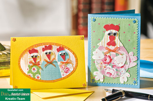 Bunte H&uuml;hnerschar &ndash; Gru&szlig;karten mit Patchwork