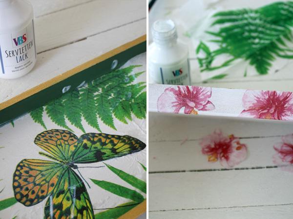 Sommerparty Tablett: Tablett verzieren Tablett basteln: Servietten anbringen mit Serviettenlack