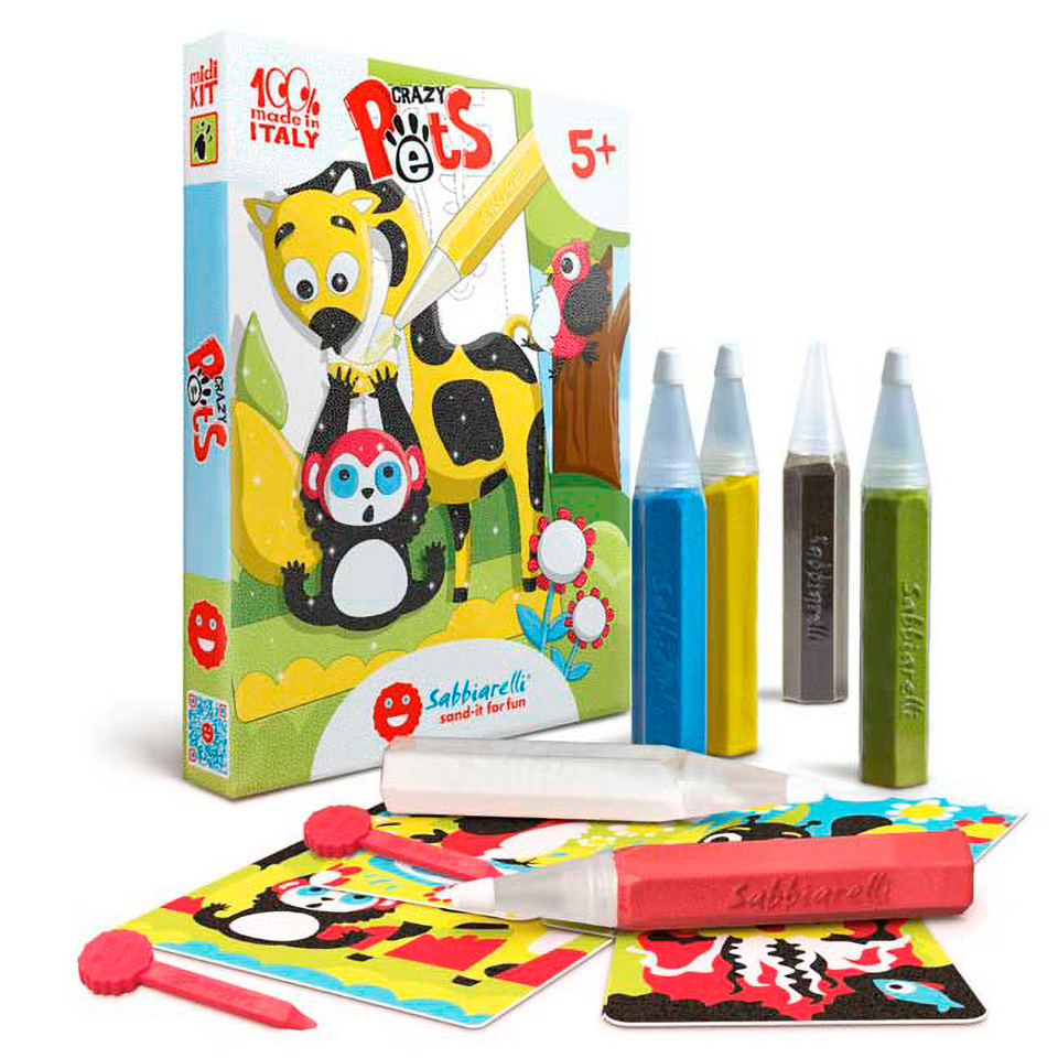 Sabbiarelli Sand-it For Fun - Maxi Kit Art & Craft, Creatieve Sand Art Set voor Kinderen 5 : 12 Zandpennen en 9 Zelfklevende A5-Vellen met 10 Tekeningen en 6 DIY-Accessoires - Bekroond Toys Awards