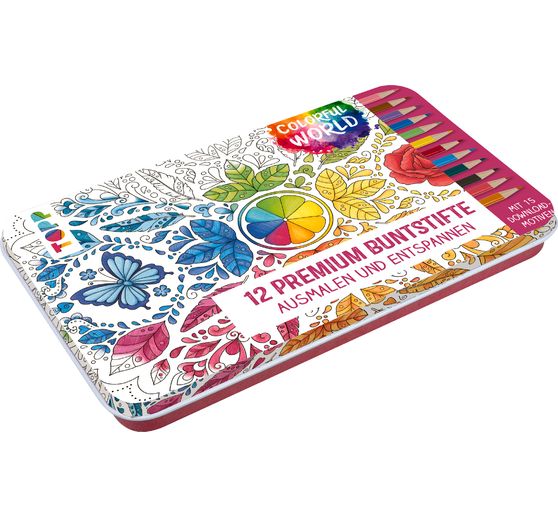 Colorful World design tin with 12 premium coloured pencils