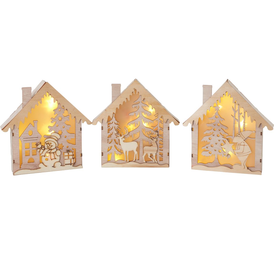 VBS Bausätze Lichterhäuser Weihnachtswelt, 3er-Set, inkl. Beleuchtung