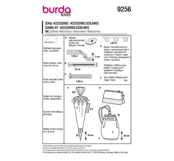 Burda Kids Schnittmuster Schultüte, Mäppchen und Turnbeutel Nr. 9256
