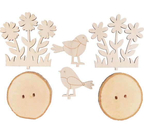 VBS Holzsteckmotiv auf Rindenscheiben "Vögel und Blumen"