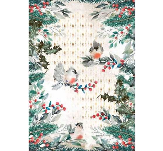 Motif straw silk "Birds on berry branch"