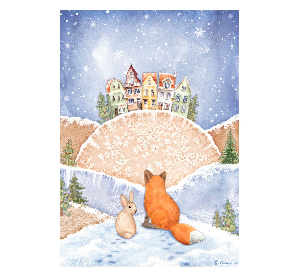 Motiv-Strohseide "Winter Valley - Fuchs und Hase"