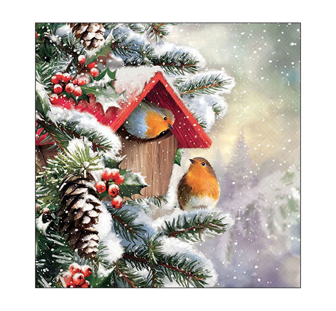 Serviette "Rotkehlchen Winterhaus"