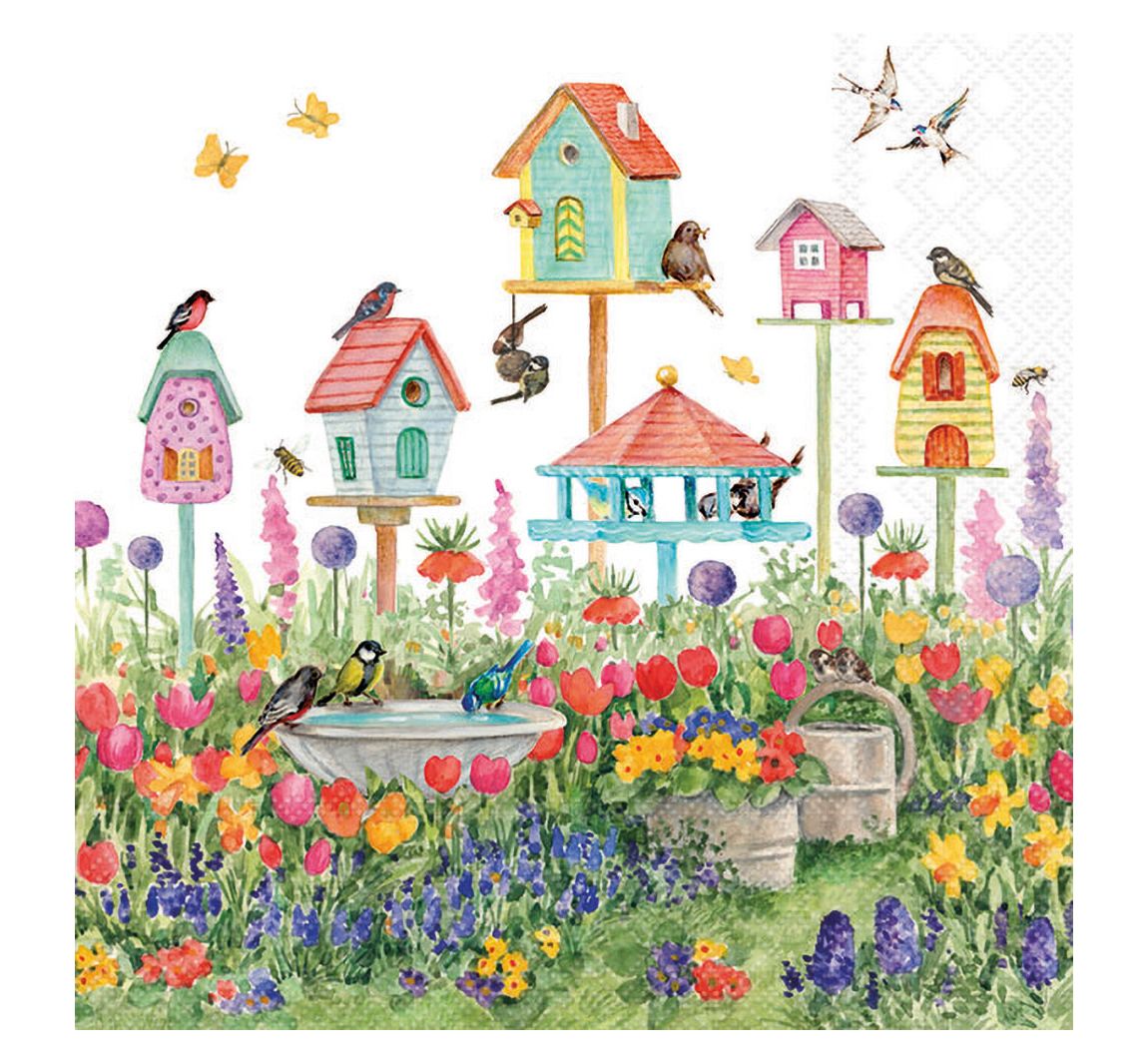 Serviette "Vogelhäuser im Garten"
