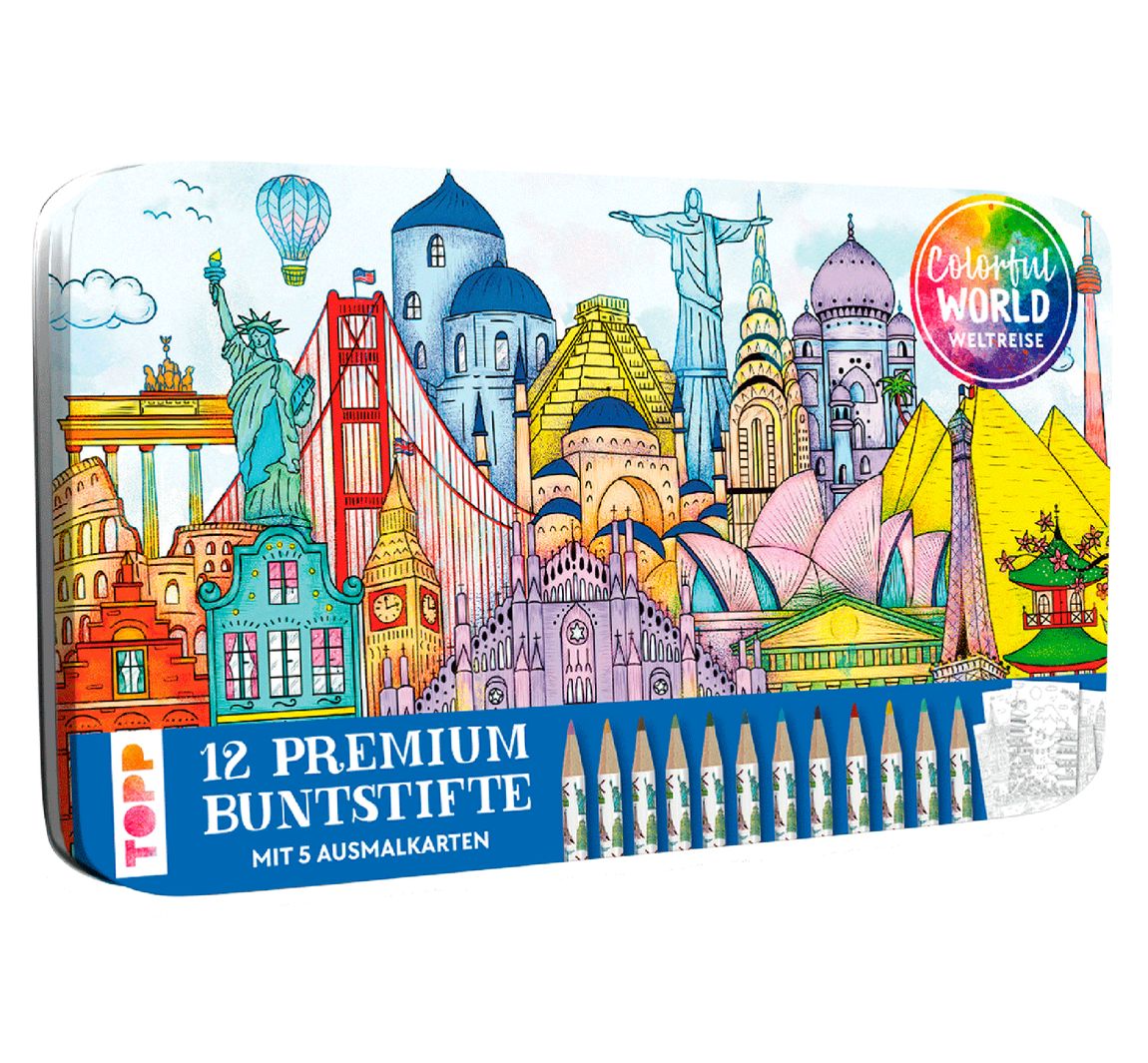 Designdose mit 12 Buntstiften Colorful World Weltreise