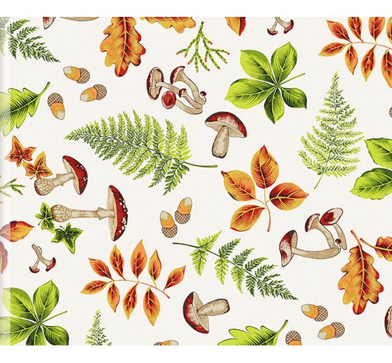Motif fabric linen optics "Autumn leaves and mushrooms"