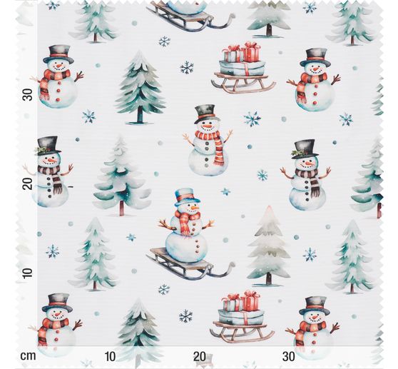 Dekostoff Leinenoptik "Schneemann mit Schlitten"