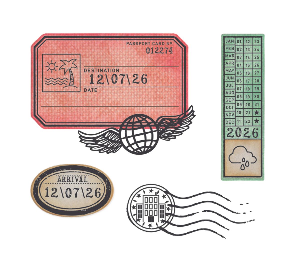 Sizzix Framelits Stanzschablone und Clear Stamps "Globetrotter’s Mark by 49 & Ma