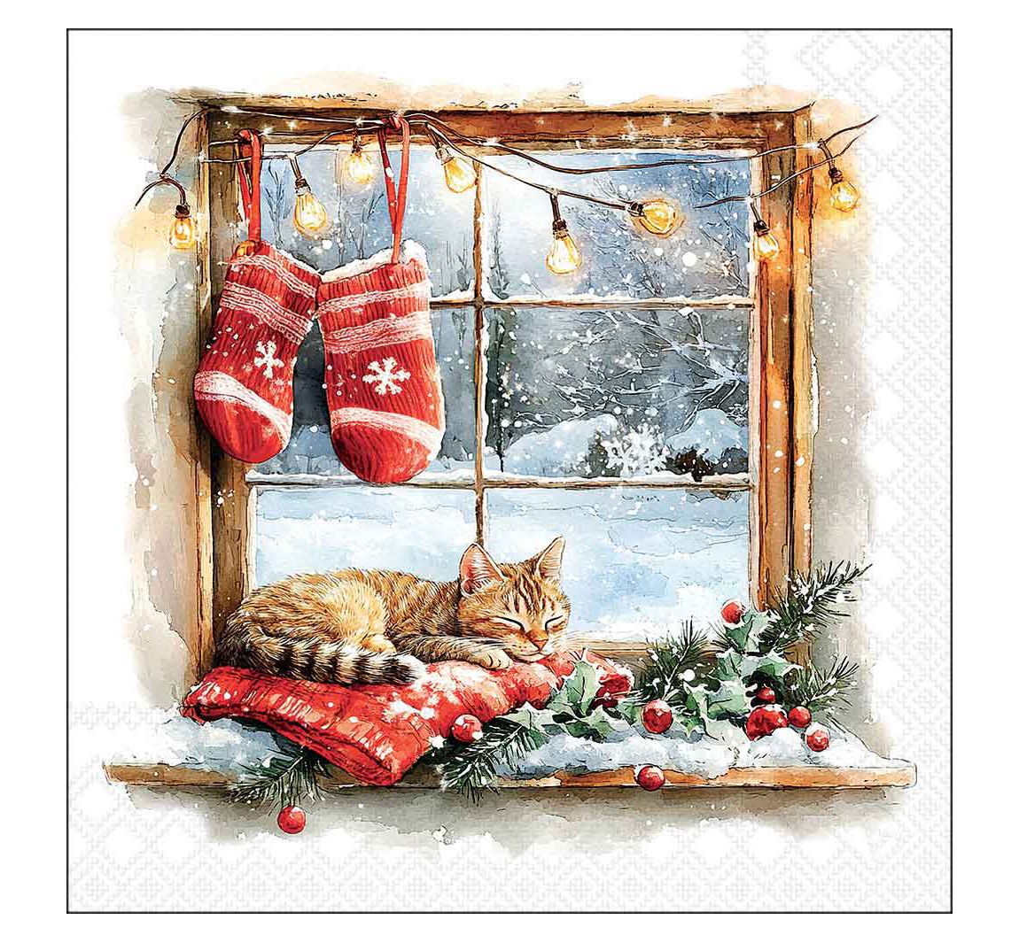 Serviette "Winterfenster mit Katze"