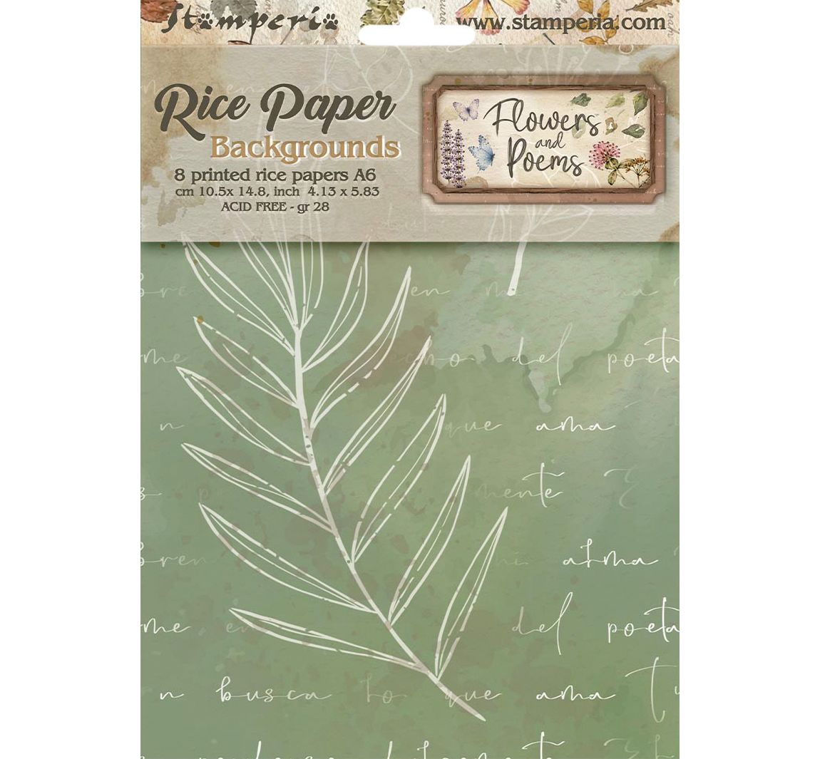 Stamperia Motiv-Strohseide Backgrounds "Flowers and Poems", DIN A6, 8er Set