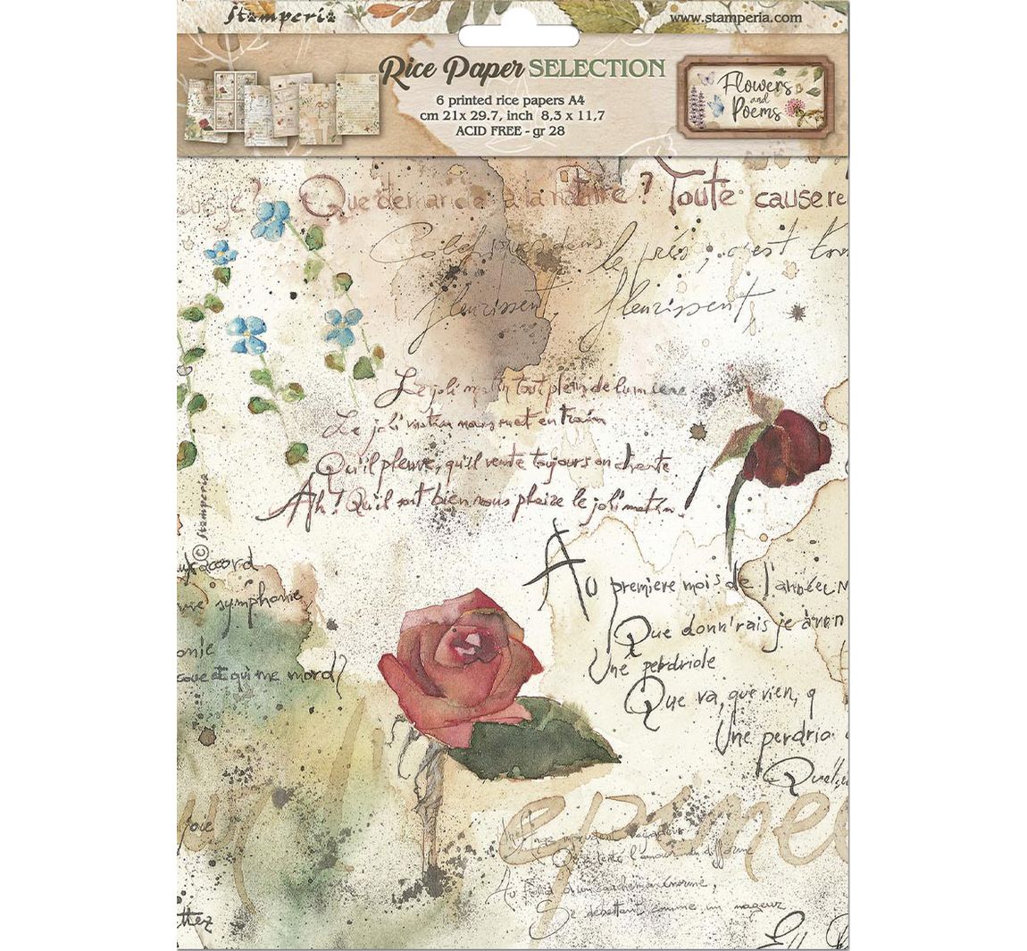 Stamperia Motiv-Strohseiden Sortiment "Flowers and Poems", DIN A4 , 6er-Set