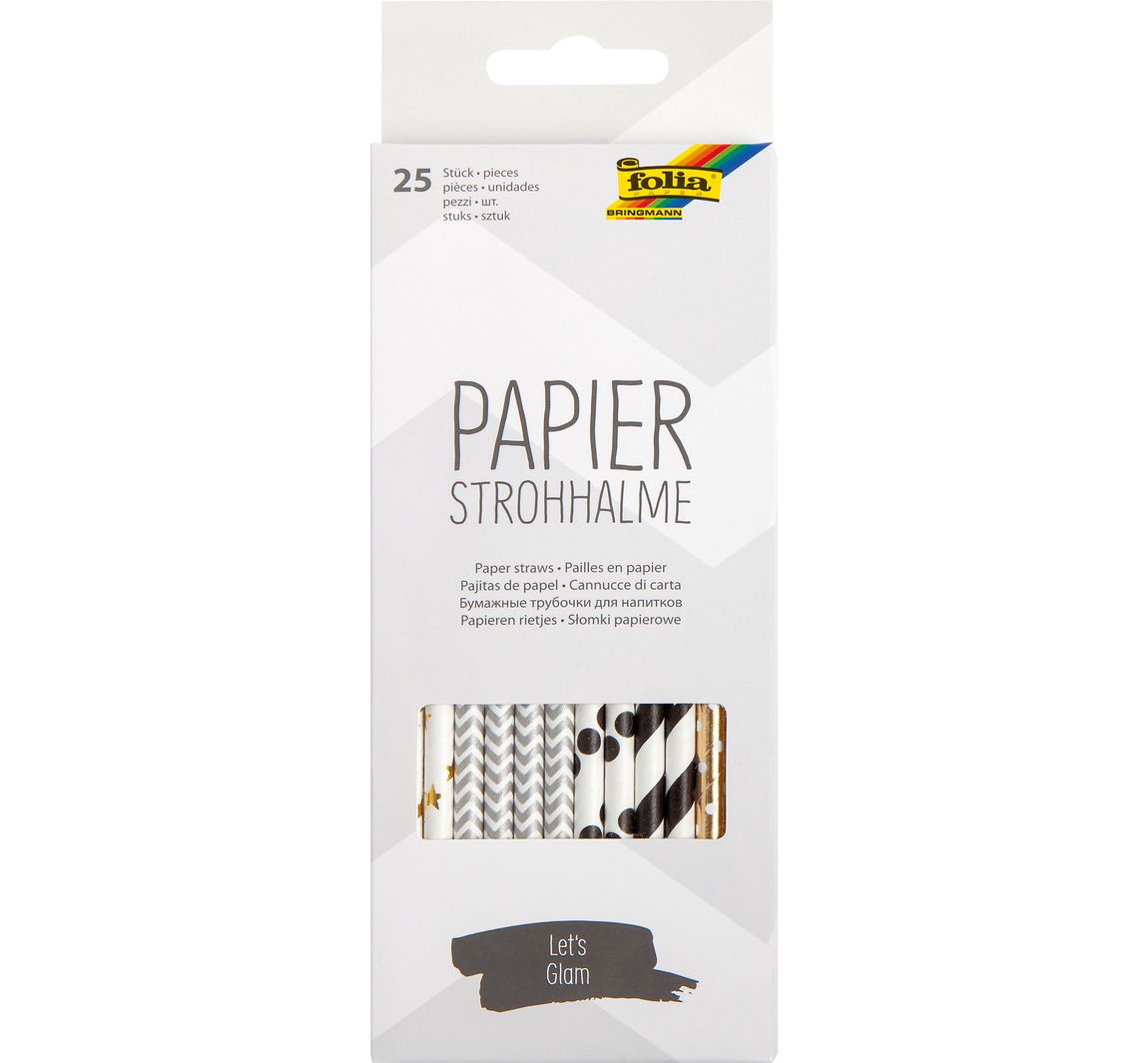Papierstrohhalme, 25 Stück - Schwarz/Weiß/Gold