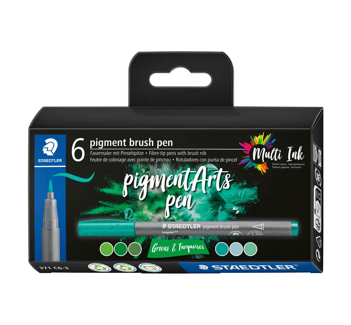 STAEDTLER Pigment brush pen, 6er-Set - Greens & Turquoises