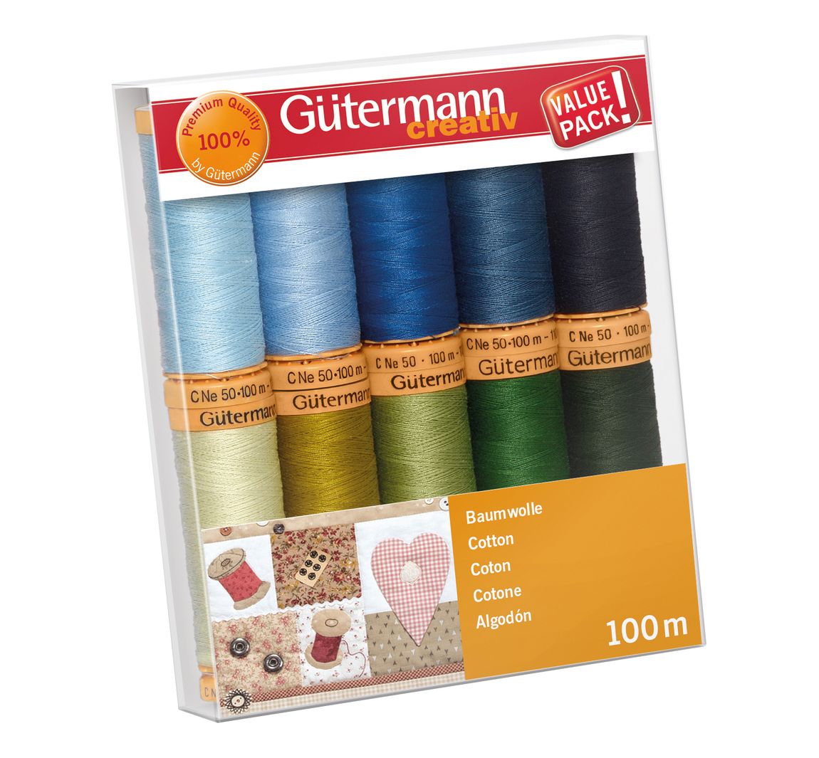 Gütermann Nähfaden-Set Baumwolle, 10 Spulen - Blau-Grün, Col. 5