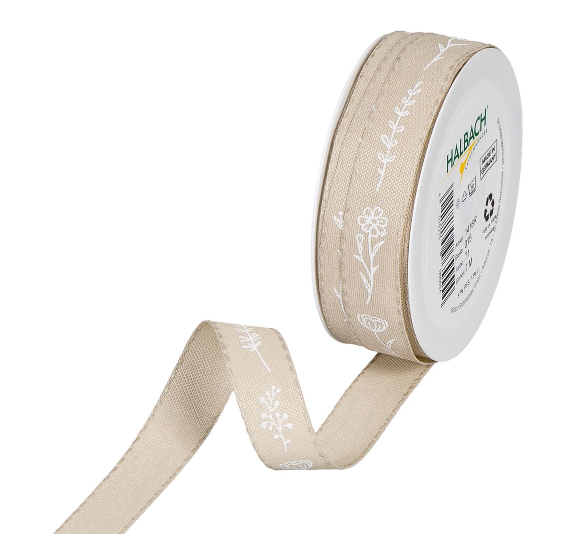 Druckband "Blumen" - Leinen/Weiß