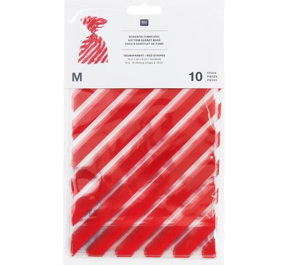 Bodenfaltenbeutel "Rote Streifen" mit Verschlussband