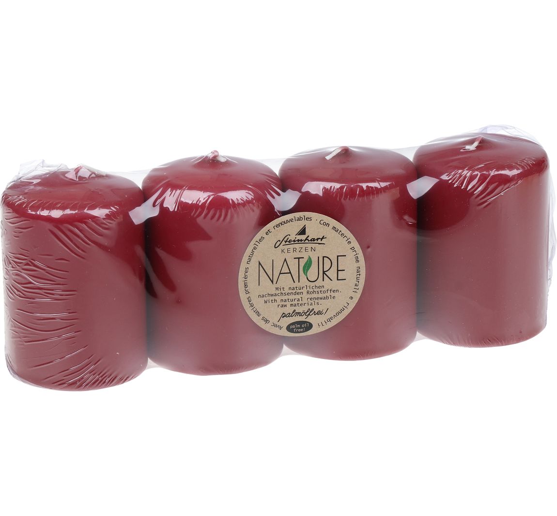 Stumpenkerzen "Nature", 4er-Pack - Bordeaux
