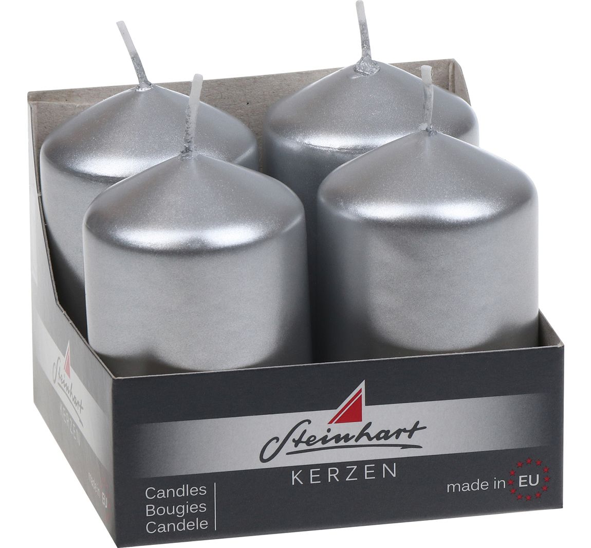 Kleine Stumpenkerzen "Edelglanz", 4er-Pack - Silber-Metallic
