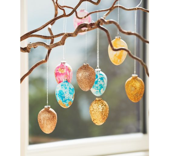Eier-Anhänger, 12 Stück, Terrakotta, weiß, H 6 cm
