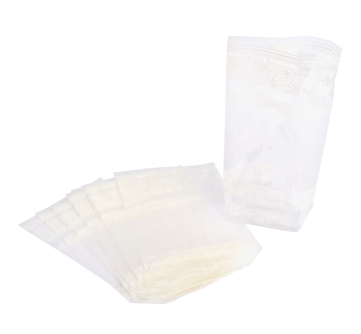 Zellglas-Beutel mit weißem Spitzendruck, 10 Stück - 9,5 x 16 cm