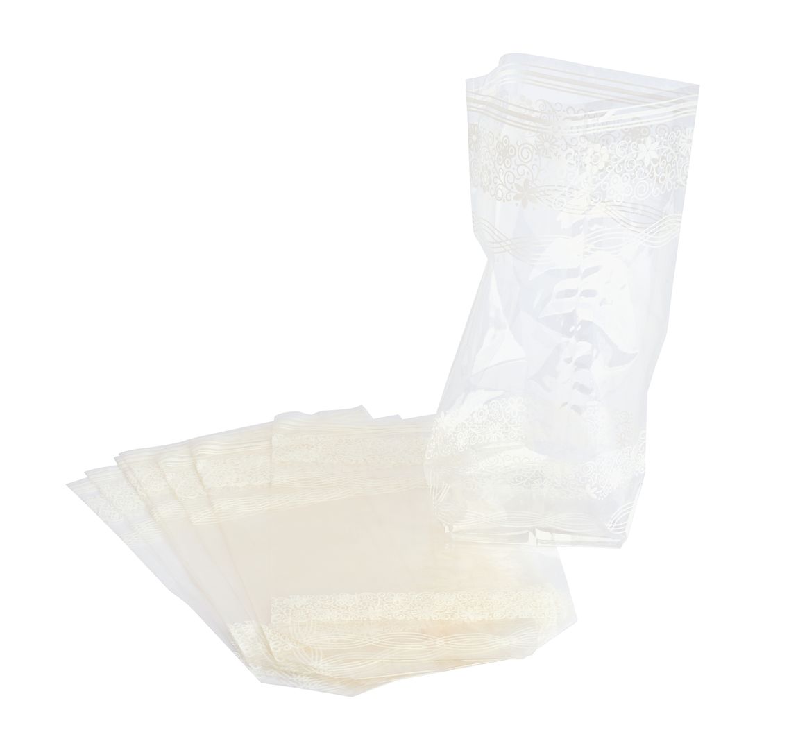 Zellglas-Beutel mit weißem Spitzendruck, 10 Stück - 14,5 x 23,5 cm